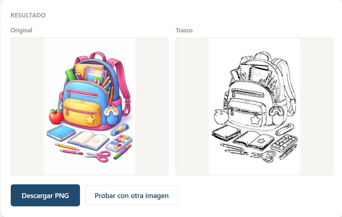 Ilustracion de una mochila transformada en trazos equilibrados para colorear con el preset Equilibrado del Motor de Trazos de Aguilar Forge.