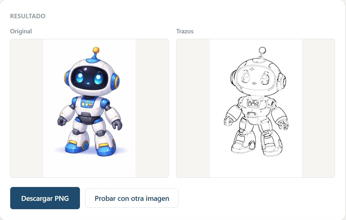 Ilustracion de un robot transformada en trazos equilibrados para colorear con el preset Equilibrado del Motor de Trazos de Aguilar Forge.